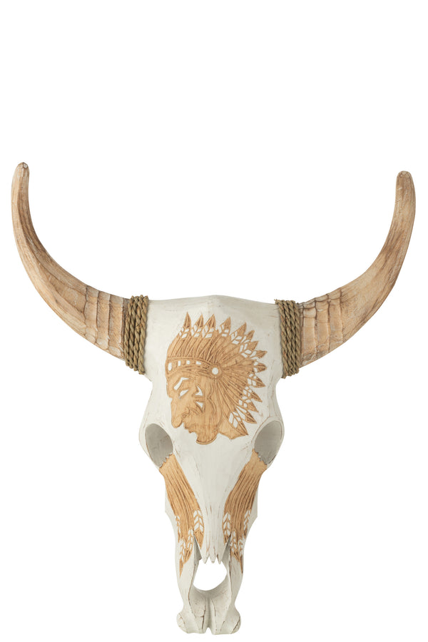 Dekorativer Kuh Schädel aus Albasiaholz, Weiß mit Indianermotiv, 72 cm Höhe