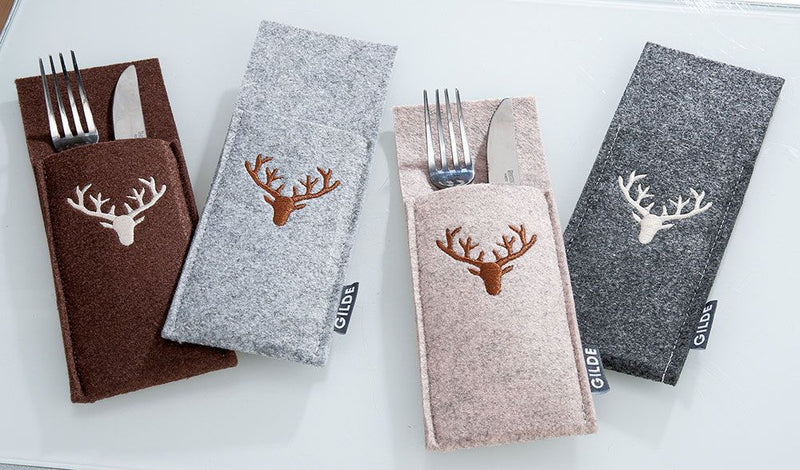 Felt cutlery bags dark grey with deer motif, 12 pieces