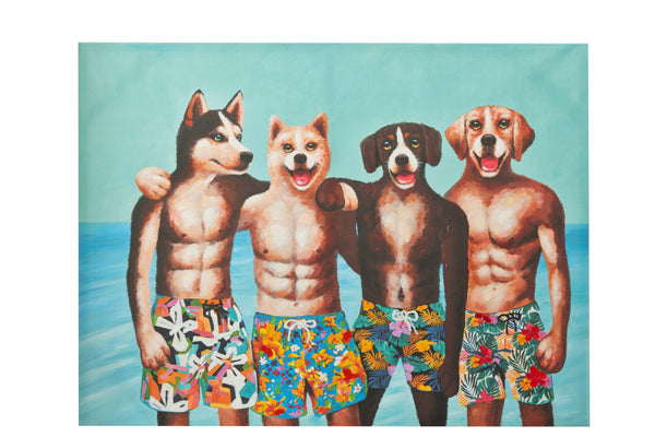 Unieke wanddecoratie: handgeschilderd canvas 'Honden in zwembroek' met menselijke lichamen en hondenkoppen