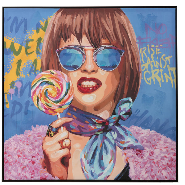 Lebendige Graffiti Frau mit Lutscher - Handbemalte Leinwand Wanddekoration in vielfältigen Farben 100x100cm