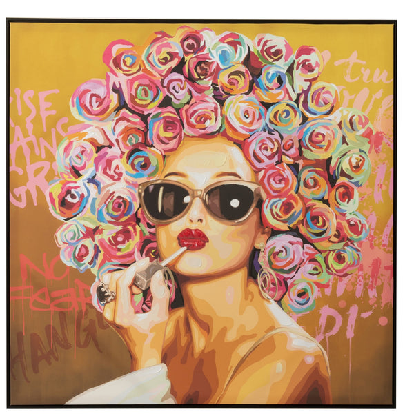 Levendige graffitivrouw met lippenstift - handgeschilderde canvas wanddecoratie in verschillende kleuren 100x100cm 