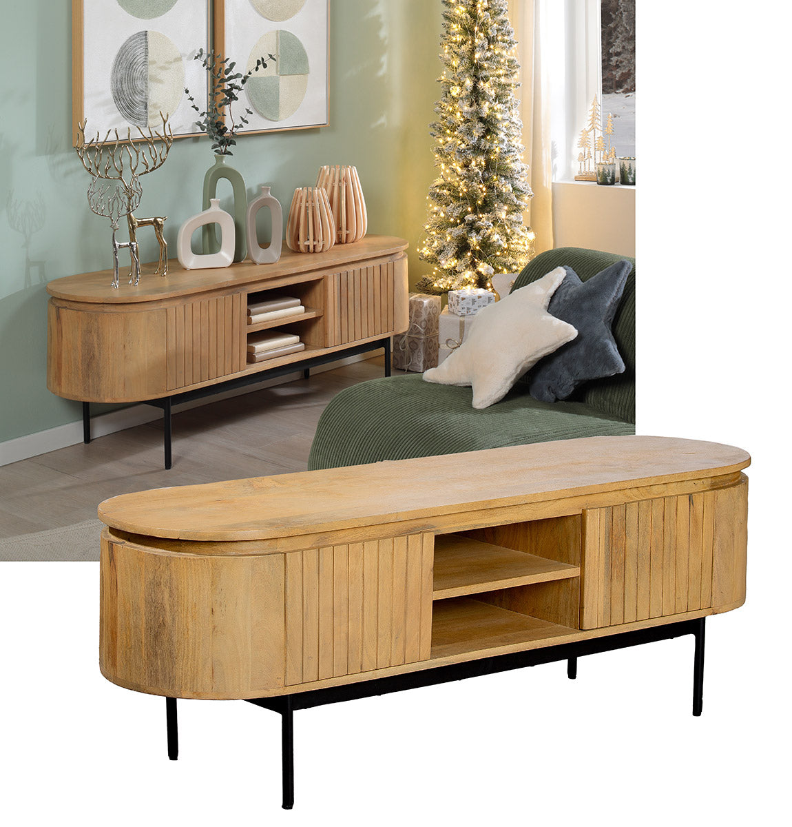 Wooden Lowboard Roseau - Mango Wood, Natural Colors, Rounded Shape, 2 Doors, 2 Shelves, Rustic TV Stand Furniture
