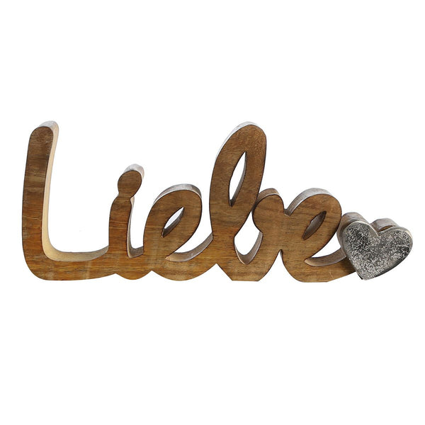 Schriftzug "Liebe" naturfarben mit Herz aus Aluminium in silberfarben