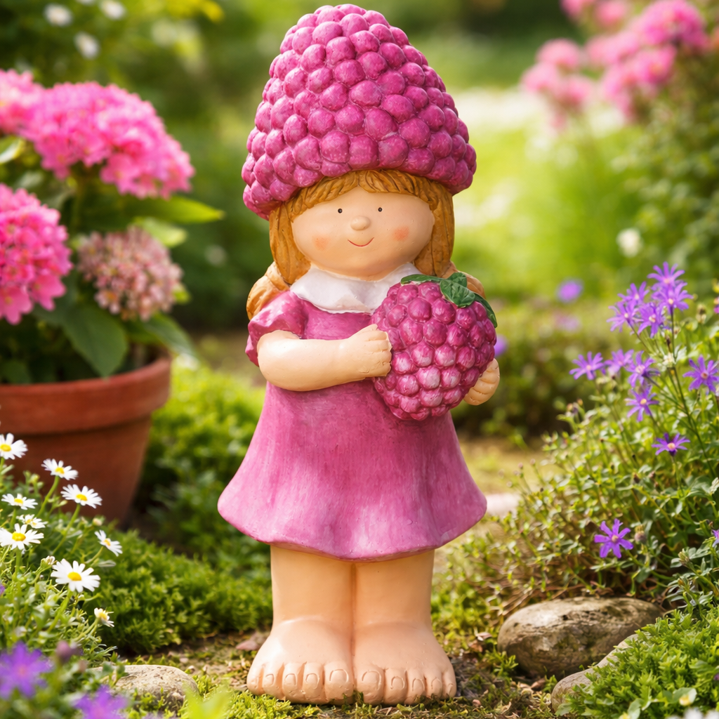 Gartenfigur Rubus Mädchen Himbeere 42cm Handbemalt Wetterfest