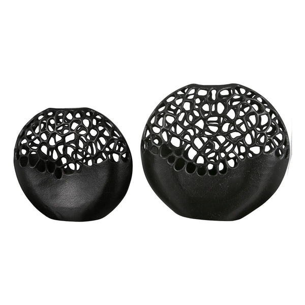 Modern aluminum vase "Osaka" in black with an antique oval finish