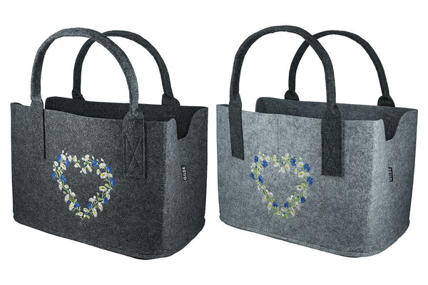 Handmade felt bag 'Wild Flowers' in light grey/dark grey, embroidered flower design, 25x40x26 cm