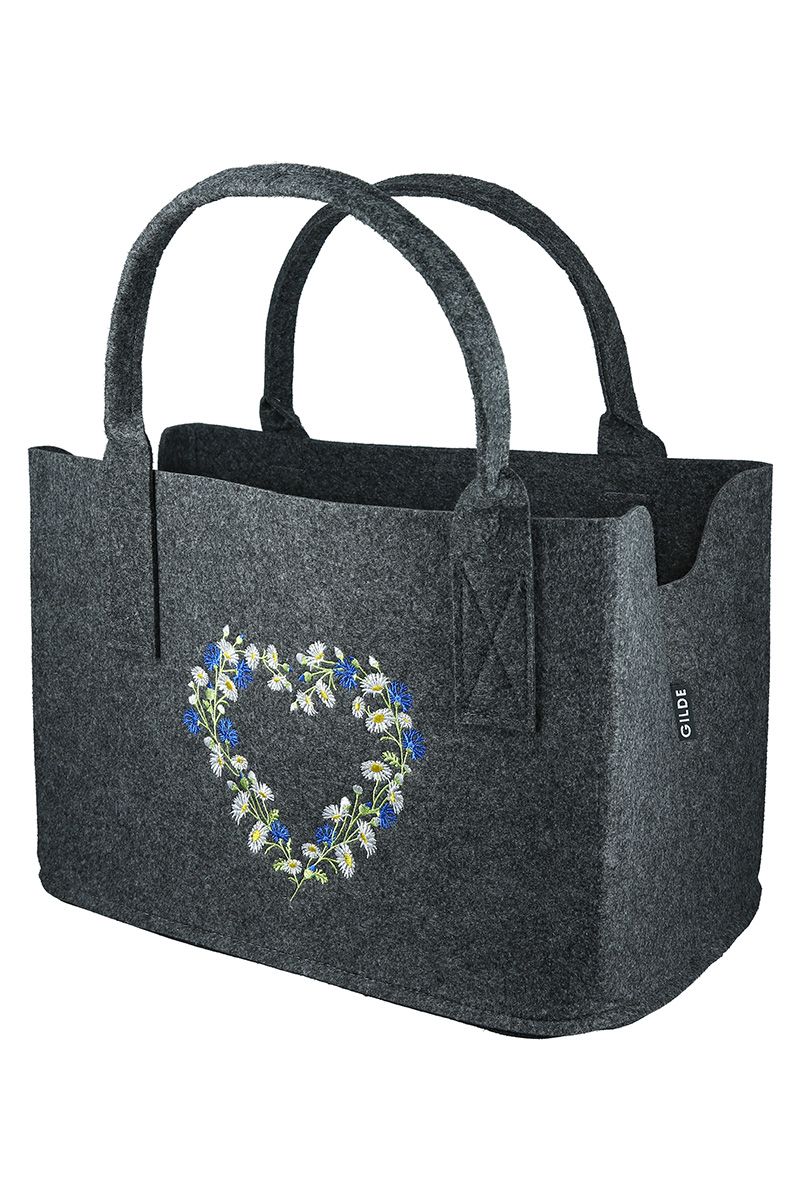 Handmade felt bag 'Wild Flowers' in light grey/dark grey, embroidered flower design, 25x40x26 cm