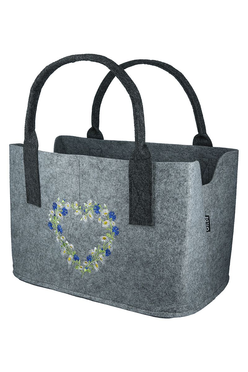Handmade felt bag 'Wild Flowers' in light grey/dark grey, embroidered flower design, 25x40x26 cm