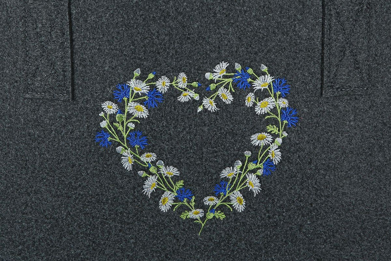 Handmade felt bag 'Wild Flowers' in light grey/dark grey, embroidered flower design, 25x40x26 cm
