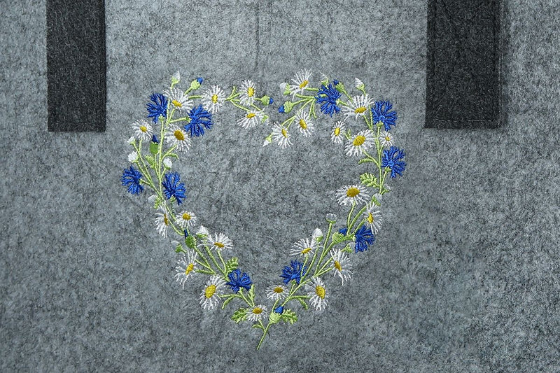 Handmade felt bag 'Wild Flowers' in light grey/dark grey, embroidered flower design, 25x40x26 cm