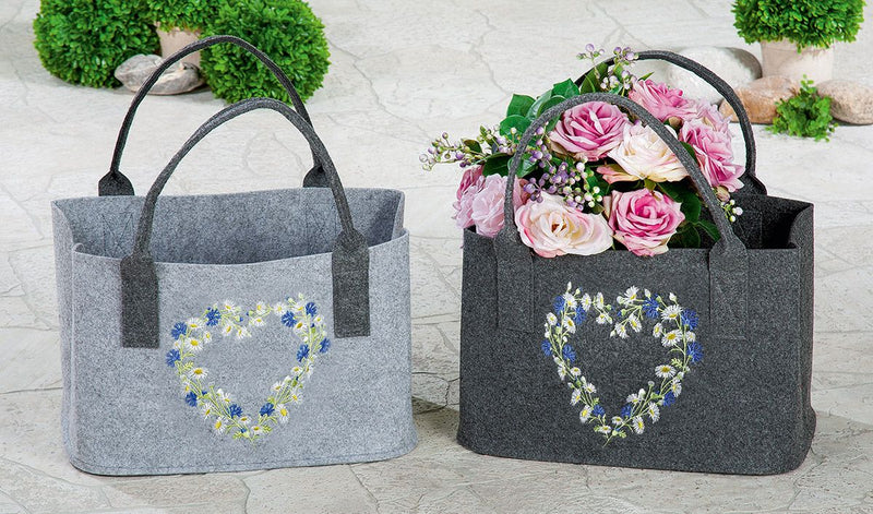 Handmade felt bag 'Wild Flowers' in light grey/dark grey, embroidered flower design, 25x40x26 cm