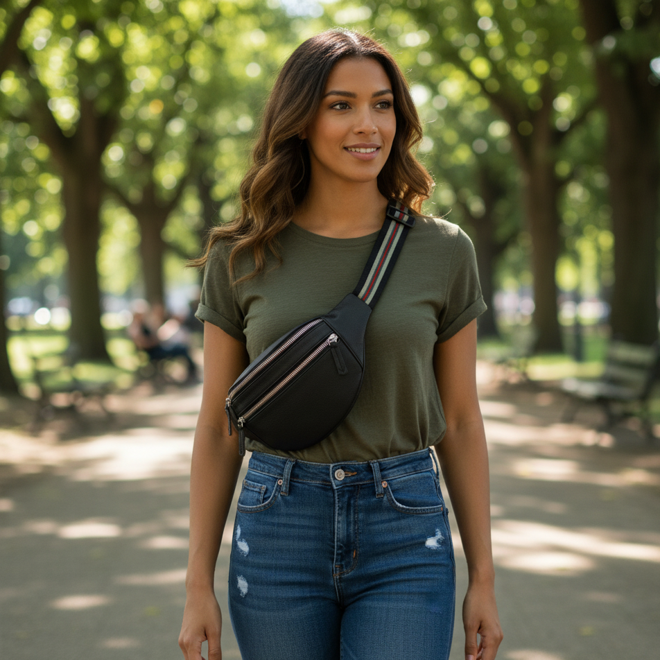 BlackPulse Bauchtasche Umhängetasche Schwarz Rindsleder