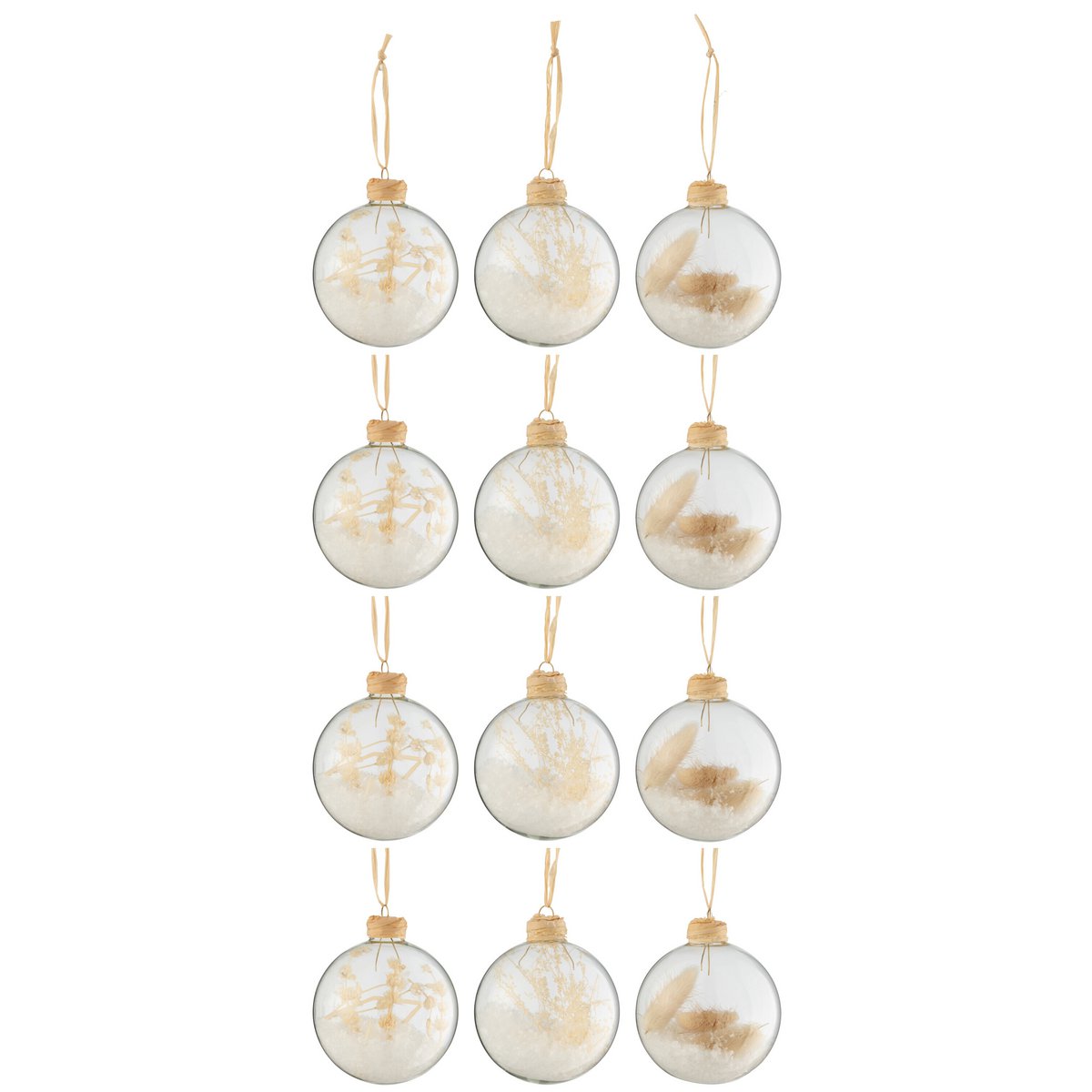 J-Line Box mit 12 Weihnachtskugeln, 4+4+4 getrocknete Zweige, beige, Glas, transparent