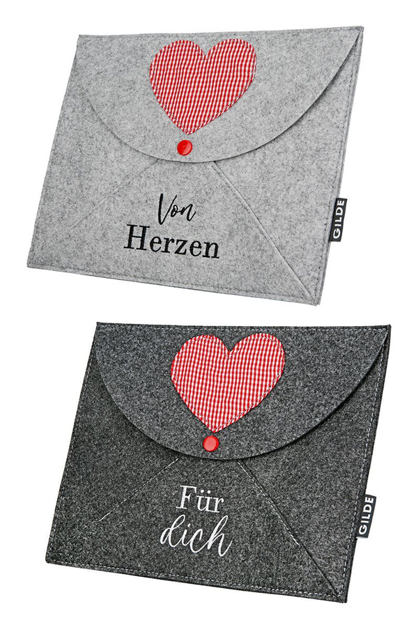 Von Herzen - Für dich - 8er Set Filz Geschenkkuverts "Love", Hellgrau/Dunkelgrau, mit Karo-Herz und Rotem Druckknopf
