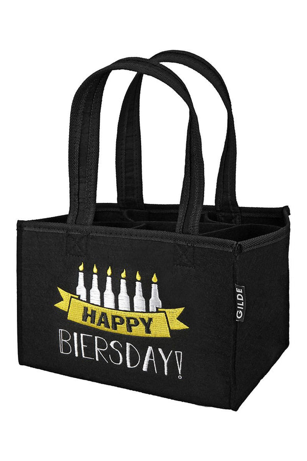 Zwart vilten flessendrager "Happy Biersday" voor 6 bierflessen