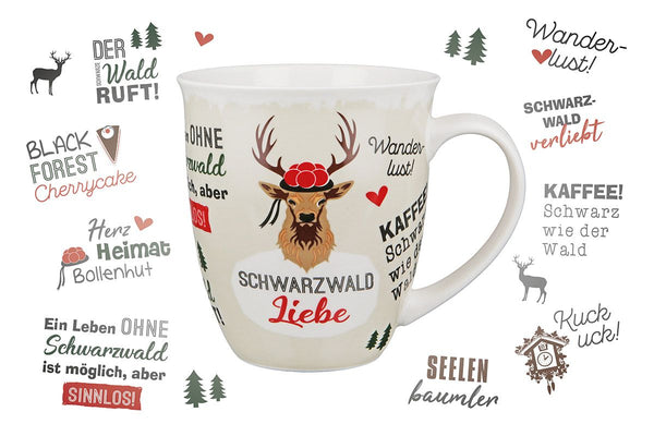 Schwarzwaldliebe - 6er Set Porzellan Jumbo Tassen, Schwarz/Rot/Grün, 400 ml Hirsch