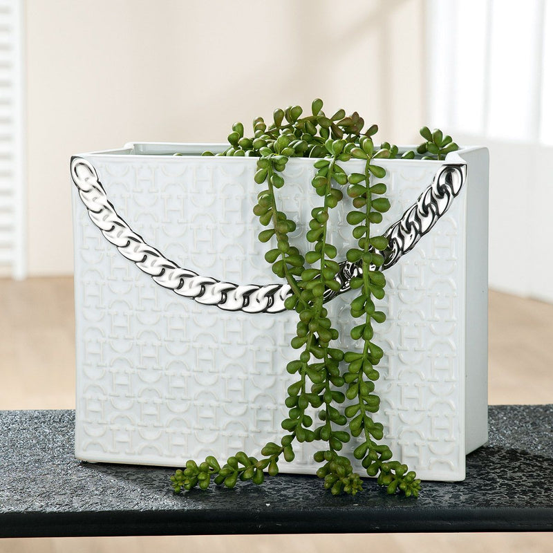 Designer ceramic vase 'Rome' in handbag shape with chain handle - 20x25.5 cm