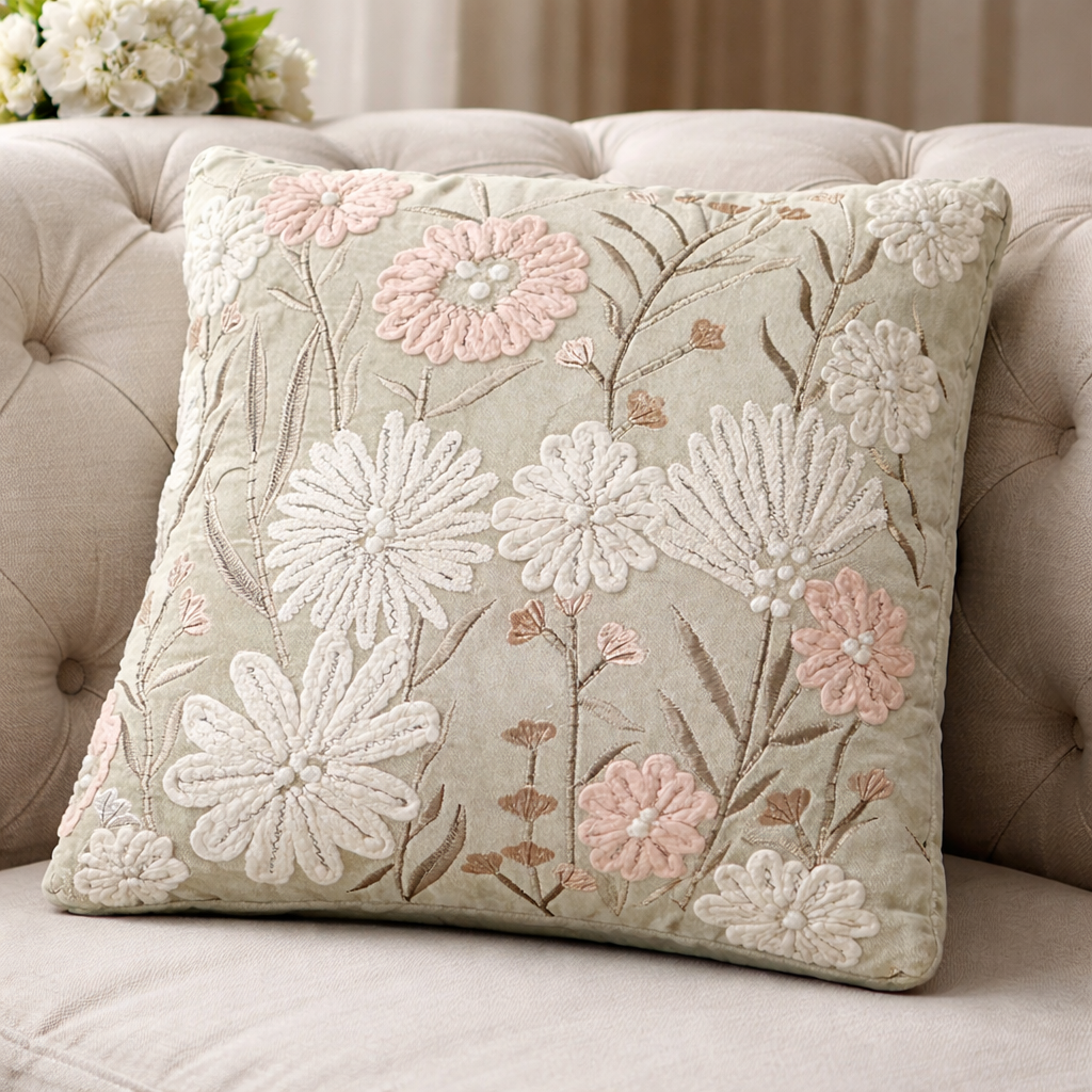 Embroidered sofa cushion Fleur – Handmade decorative cushion in pink 30cm