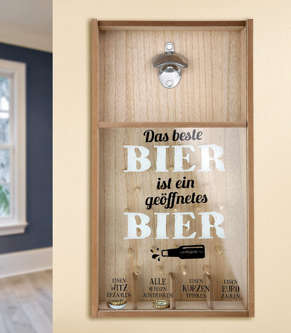 BIER ist - Das beste Bier ist ein geöffnetes Bier - 2er Set MDF Kronkorken-Spiele mit Wandflaschenöffne