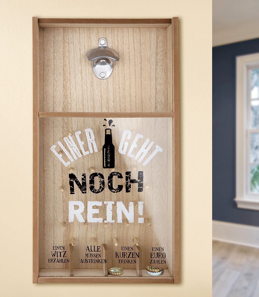 Einer geht noch rein! - 2er Set MDF Kronkorken-Spiel mit Wandflaschenöffner, Naturfarben