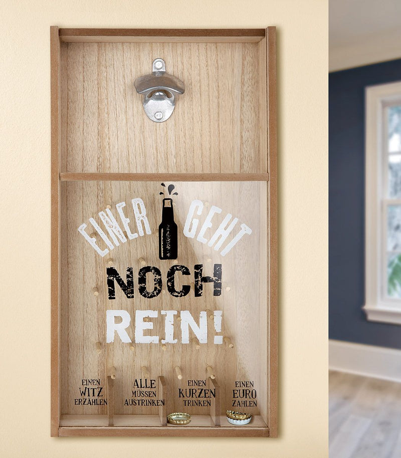 Einer geht noch rein! - 2er Set MDF Kronkorken-Spiel mit Wandflaschenöffner, Naturfarben