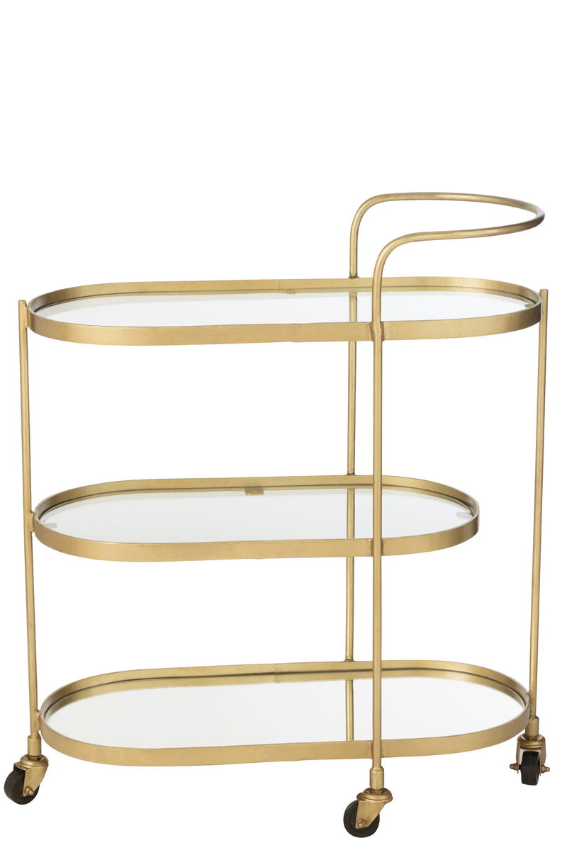 Elegant oval metal service trolley in mirror gold