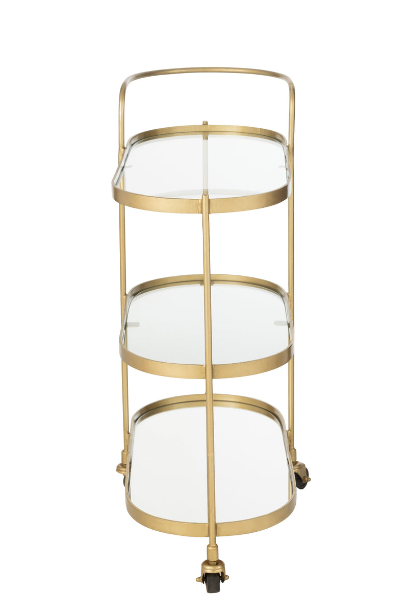 Elegant oval metal service trolley in mirror gold