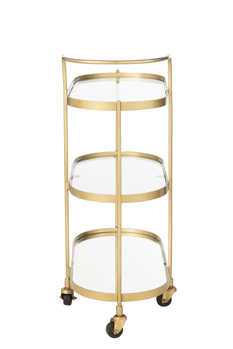 Elegant oval metal service trolley in mirror gold