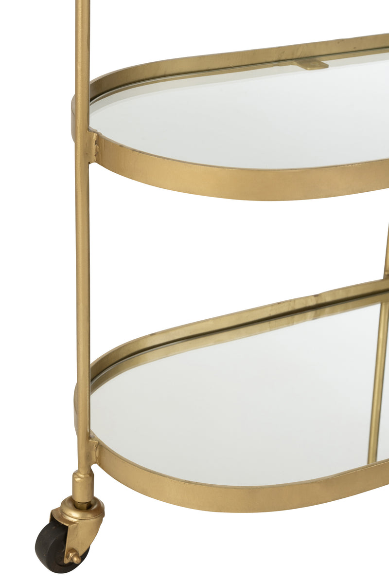 Elegant oval metal service trolley in mirror gold