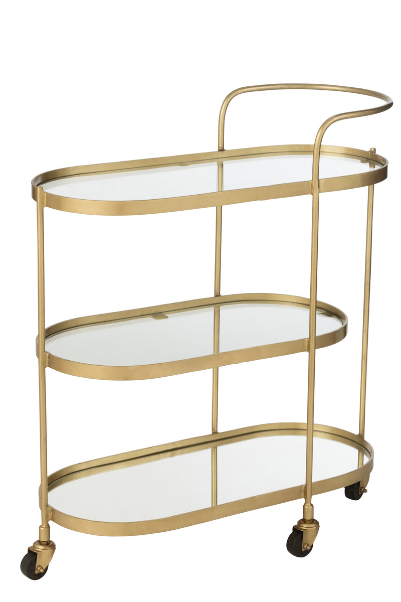 Elegant oval metal service trolley in mirror gold