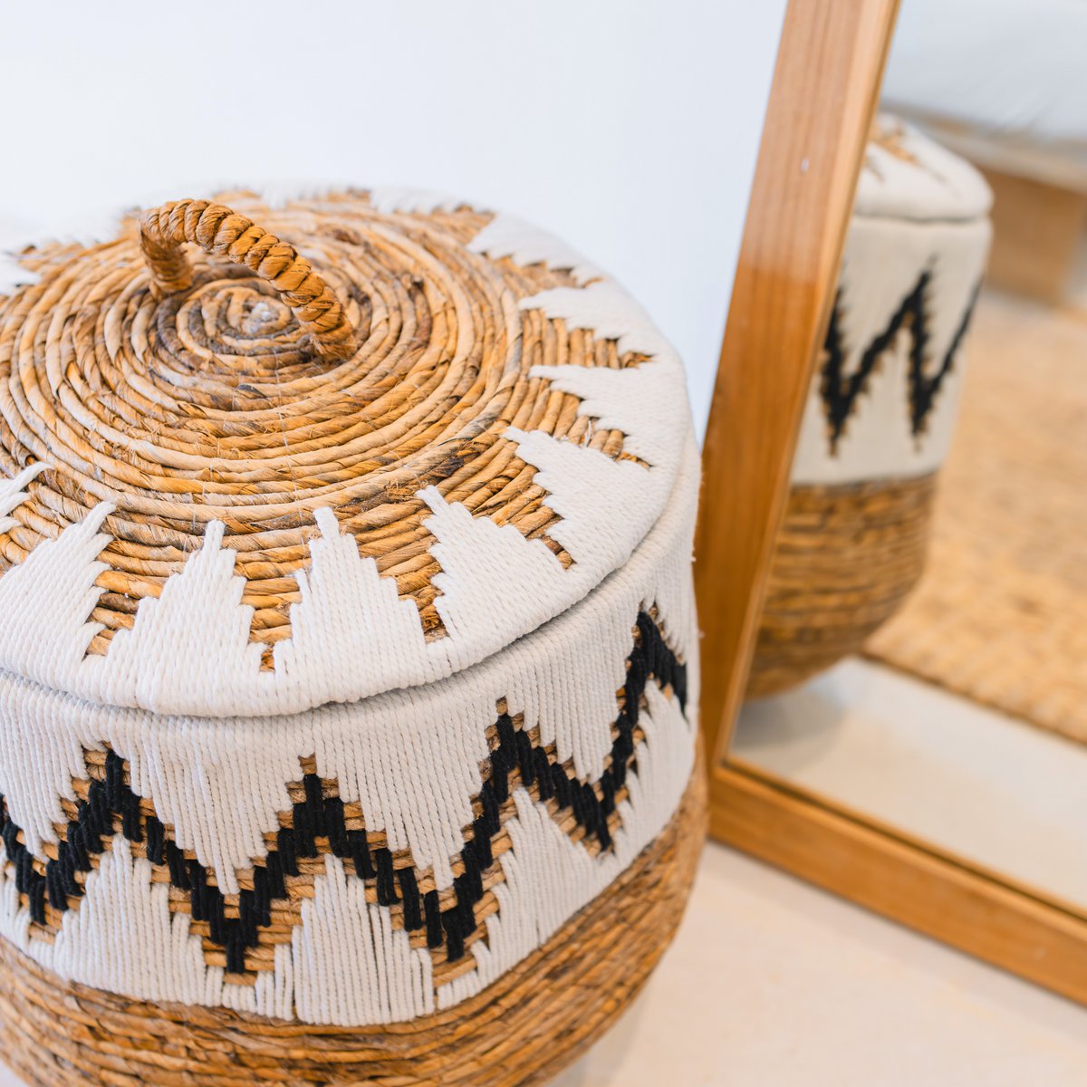 Wäschekorb mit Deckel – Boho-Wäschekorb rund – großer Boho-Korb – geflochtener Korb mit Baumwollmuster PALEM (3 Größen Ø33/43/55 cm)