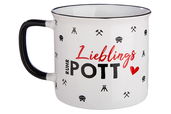 Favorite Ruhr Pott - Set van 6 keramische kopjes in emaille-design, rood/zwart/wit, 390 ml