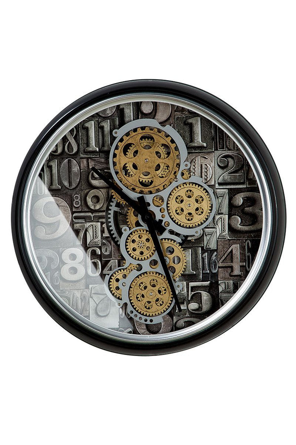 Elegante Metall Glas Wanduhr Numbers mit beweglichen Zahnrädern in Schwarz, Silber und Champagner