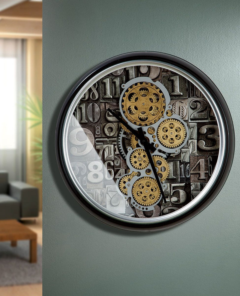 Elegant metal glass wall clock Numbers with moving gears in black, silver and champagne