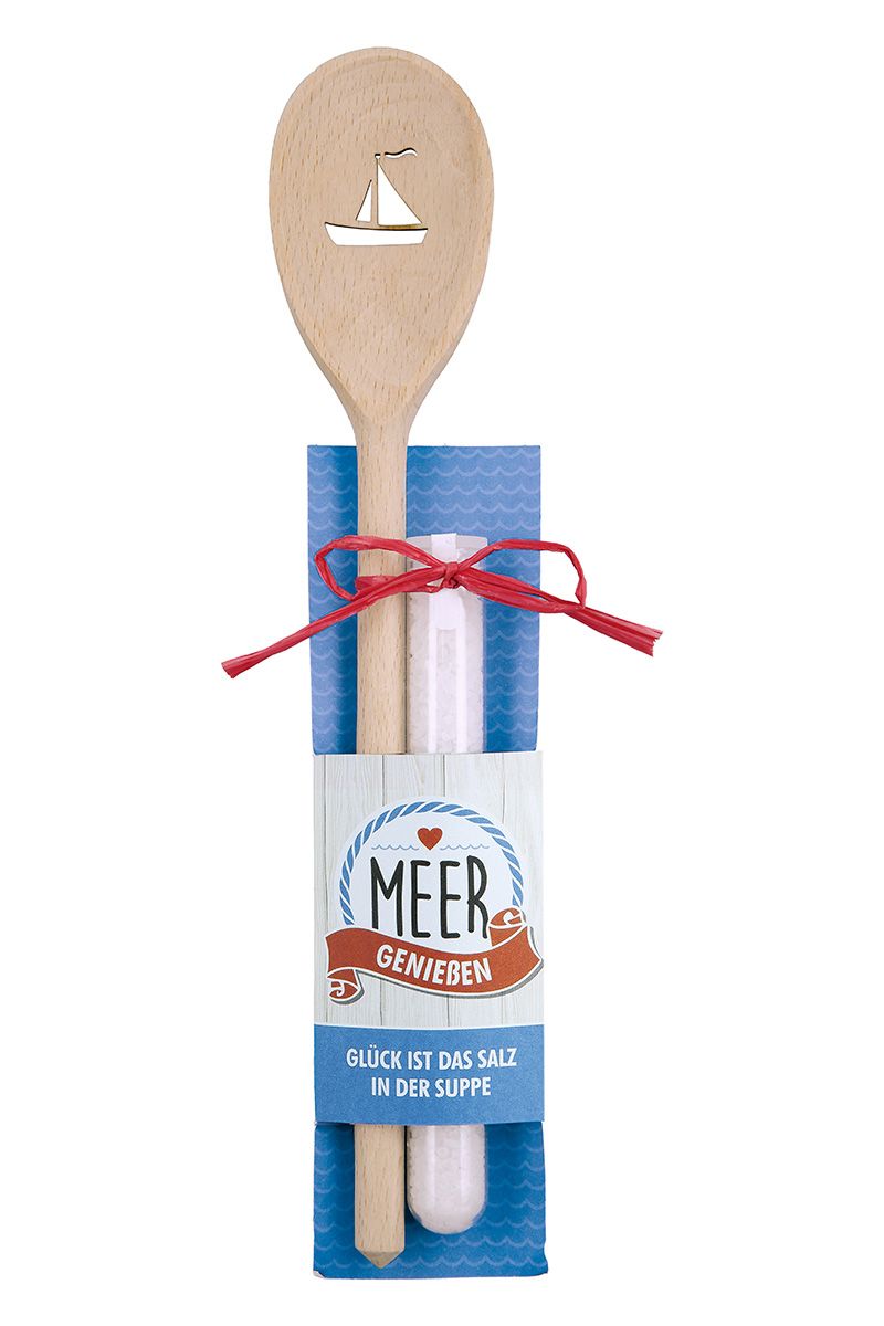 Happiness is the salt in the soup - set of 6 wooden cooking spoons with Italian sea salt, 50g