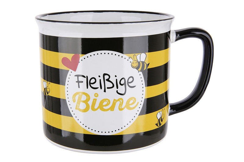 Busy Bee - Set of 6 Ceramic Mugs, Black/Yellow/White, Enamel Design, 390 ml