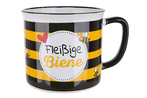 Fleißige Biene - 6er Set Keramik Tassen, Schwarz/Gelb/Weiß, Emaille-Design, 390 ml