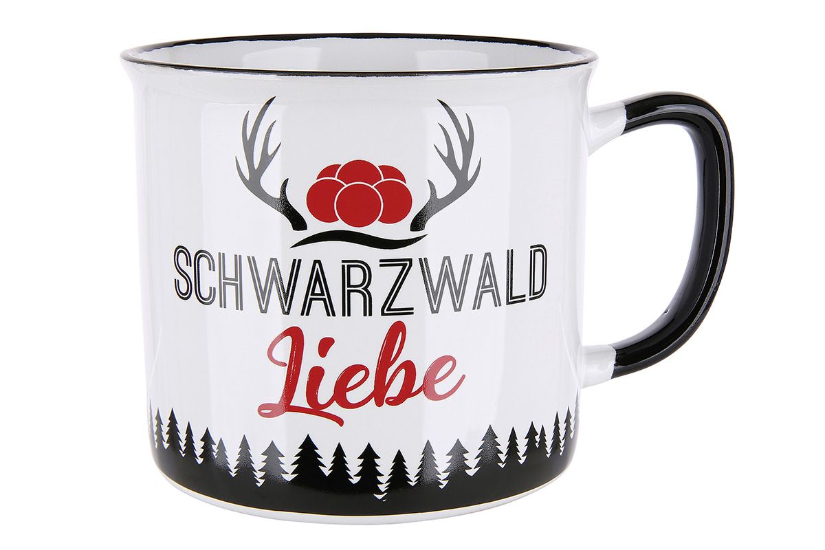 Black Forest Love - Set of 6 ceramic cups in red/black/white, enamel design, 390 ml