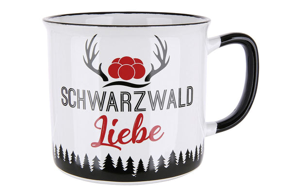 Black Forest Love - Set of 6 ceramic cups in red/black/white, enamel design, 390 ml