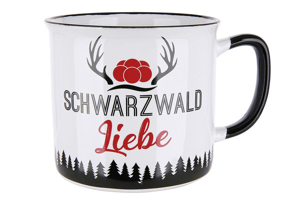 Schwarzwald Liebe - 6er Set Keramik Tassen in Rot/Schwarz/Weiß, Emaille-Design, 390 ml