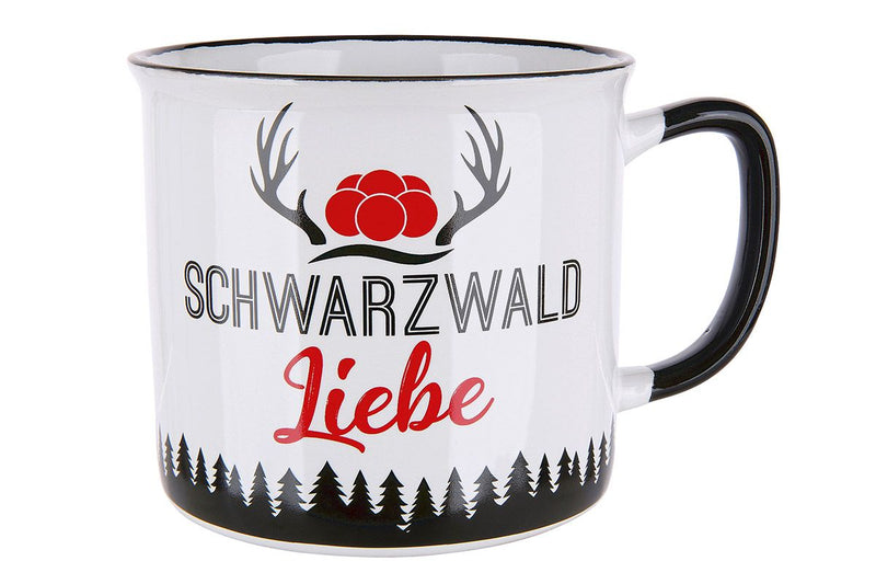 Schwarzwald Liebe - 6er Set Keramik Tassen in Rot/Schwarz/Weiß, Emaille-Design, 390 ml