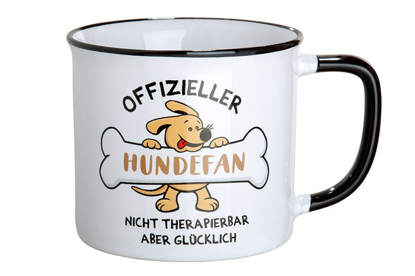 Hundefan - 6er Set Keramik Tassen, Emaille-Design, "Offizieller Hundefan - nicht therapierbar aber glücklich", 390 ml