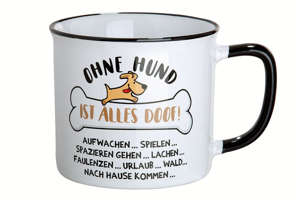 Ohne Hund ist alles doof! - 6er Set Keramik Tassen, Emaille-Design, 390 ml