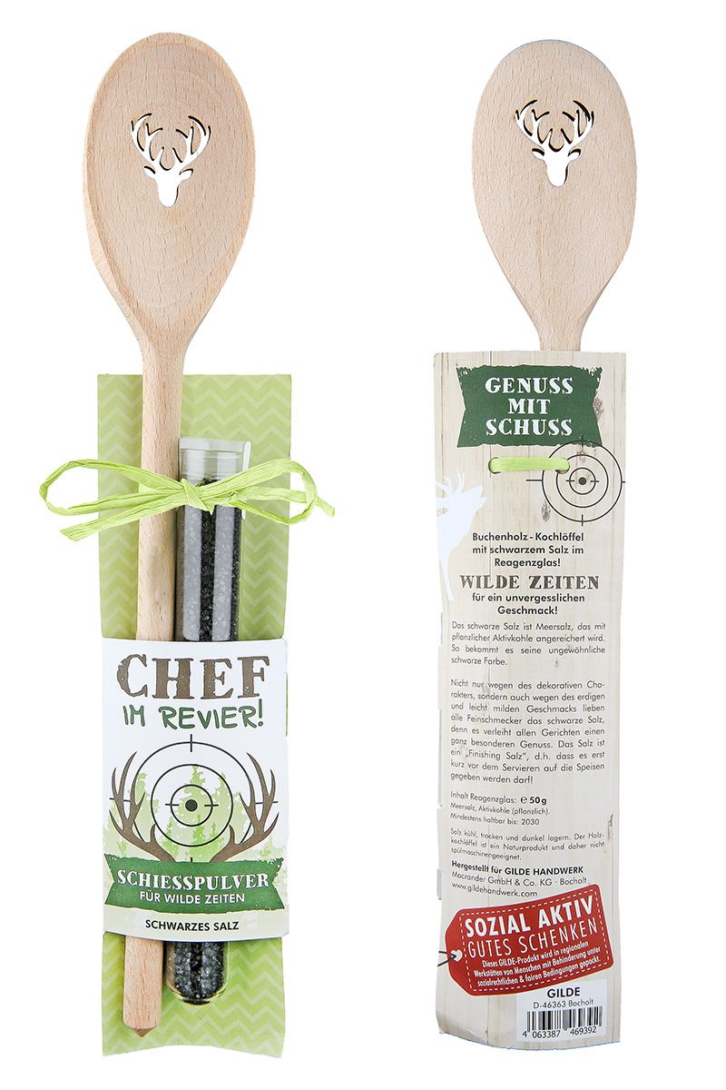 Baas in het district! - Set van 6 houten kooklepels met zwart zout, "Gunpowder for Wild Times", 50g