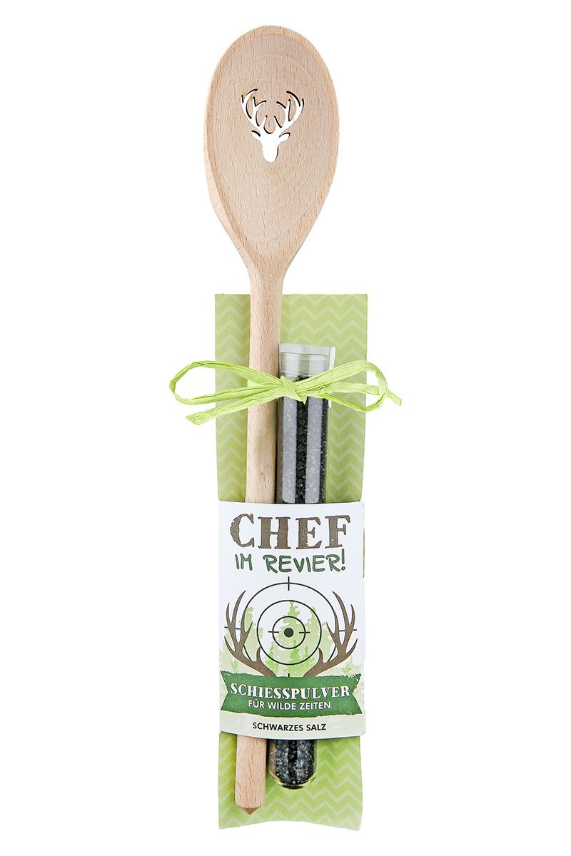 Baas in het district! - Set van 6 houten kooklepels met zwart zout, "Gunpowder for Wild Times", 50g