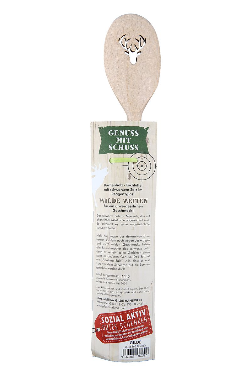 Baas in het district! - Set van 6 houten kooklepels met zwart zout, "Gunpowder for Wild Times", 50g