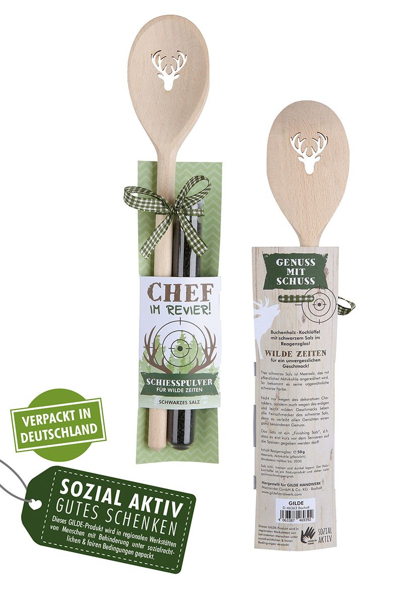 Chef im Revier! - 6er Set Holz Kochlöffel mit schwarzem Salz, "Schießpulver für wilde Zeiten", 50g