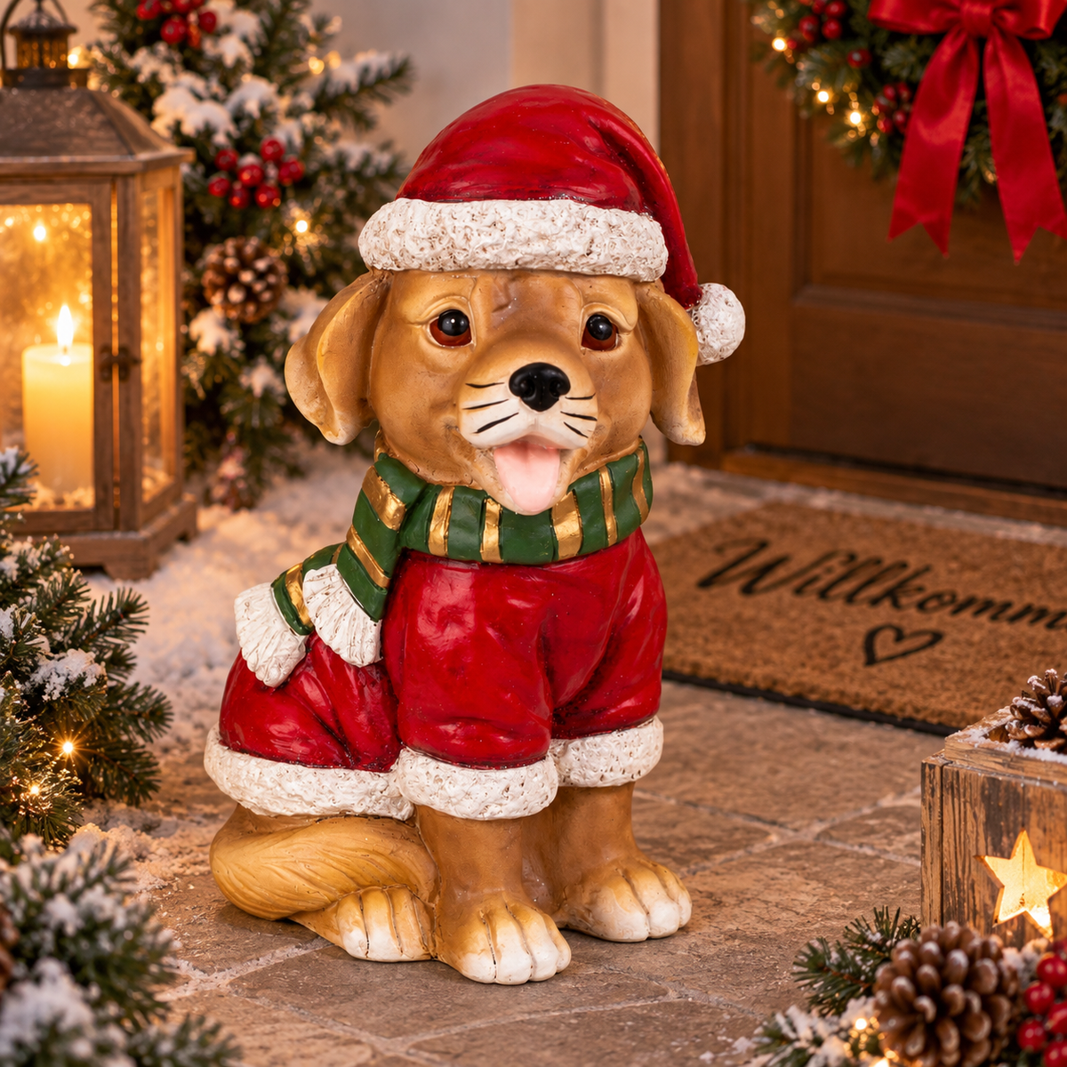 Weihnachtsfigur Hund Weihnachtsfreund mit Nikolausmütze 42 cm