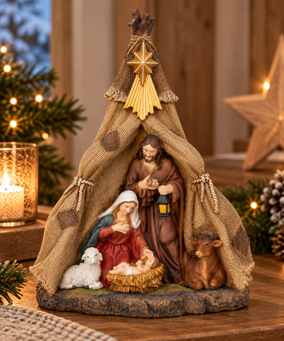 Kerststal met LED-verlichting 23cm polyresin kerstversiering