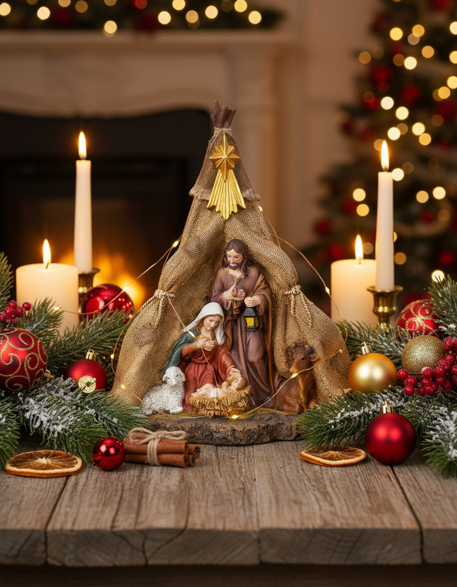 Nativity house with LED lighting 23cm polyresin Christmas decoration